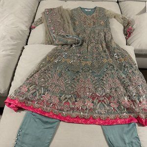 Silver, Blue and Pink Embroidered Gown with Optional Pants